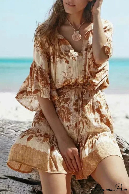 Floral Print Sashes Elastic Waist Flare Sleeve Mini Boho Dress