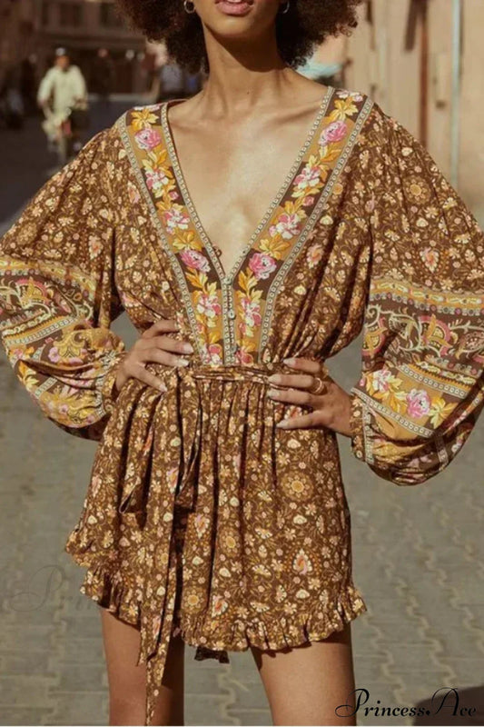 Floral Print Sashes V-neck Long Sleeve Tassel Rayon Boho Romper