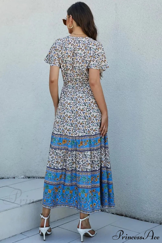 Floral Print Short Sleeve Button Loose Tassel V-neck Maxi Boho Dress