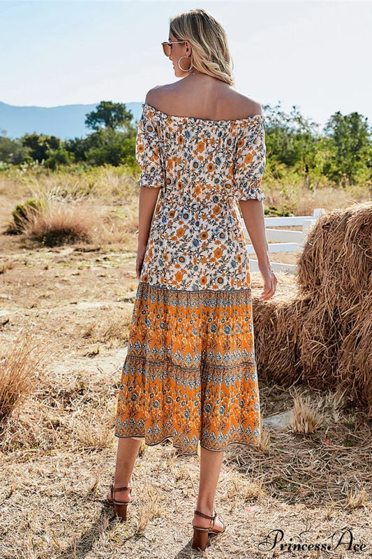 Floral Print Short Sleeve Off Shoulder Maxi Boho Dress