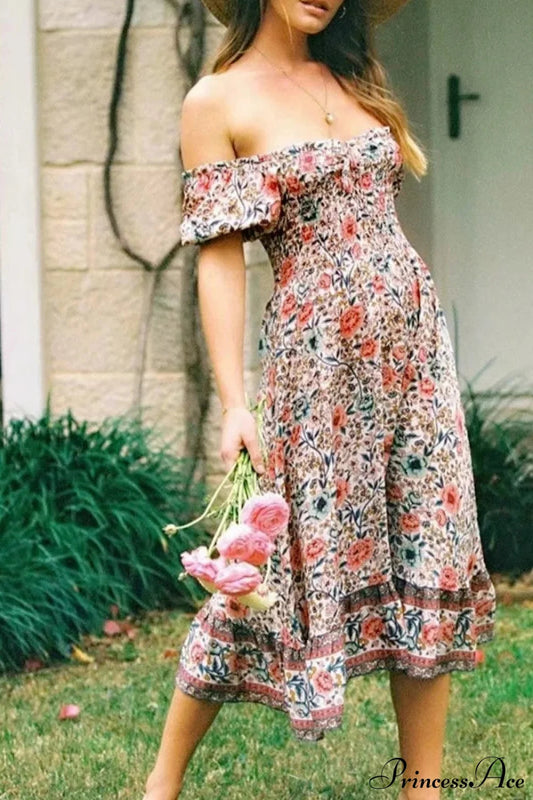 Floral Print Short Sleeve Sexy Off Shoulder Midi Boho Dress