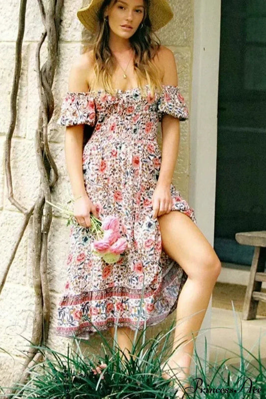 Floral Print Short Sleeve Sexy Off Shoulder Midi Boho Dress