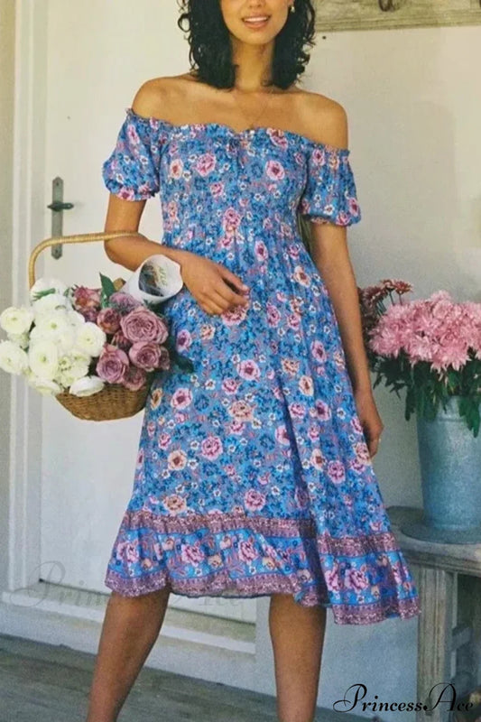 Floral Print Short Sleeve Sexy Off Shoulder Vacation Midi Boho Dress