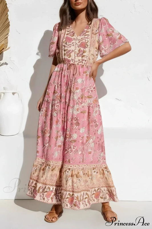 Floral Print Tie Neck Pleated Cotton Rayon Boho Dress