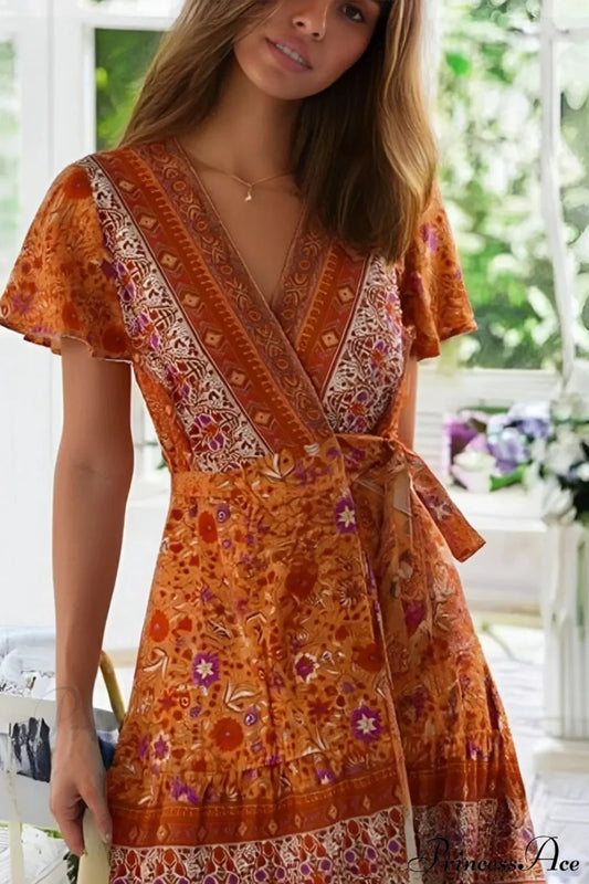 Floral Print V-neck Wrap Short Sleeve Mini Boho Dress