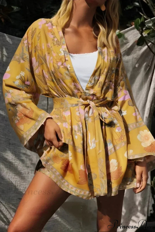 Floral Sashes Bat Sleeve Boho Kimono Dress