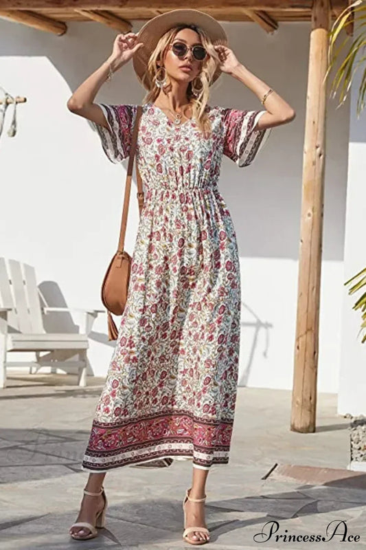 Floral Short Sleeve Beach Boho Dress