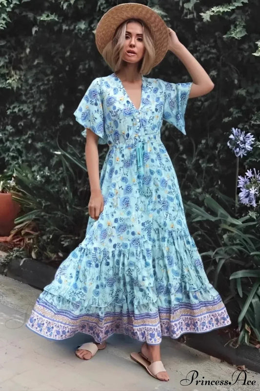 Floral V-neck Rayon Beach Boho Dress