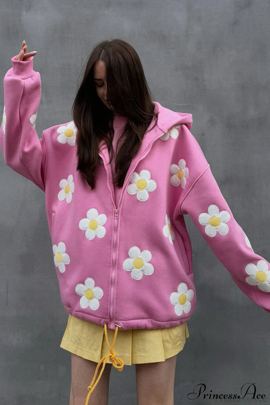 Flower Applique Loose Zip Hoodie