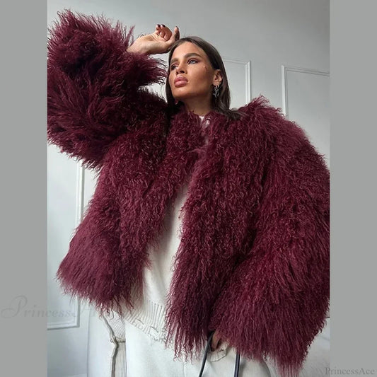 Fluffy Tassel Oversize Long Sleeve Coat Burgundy Red / S