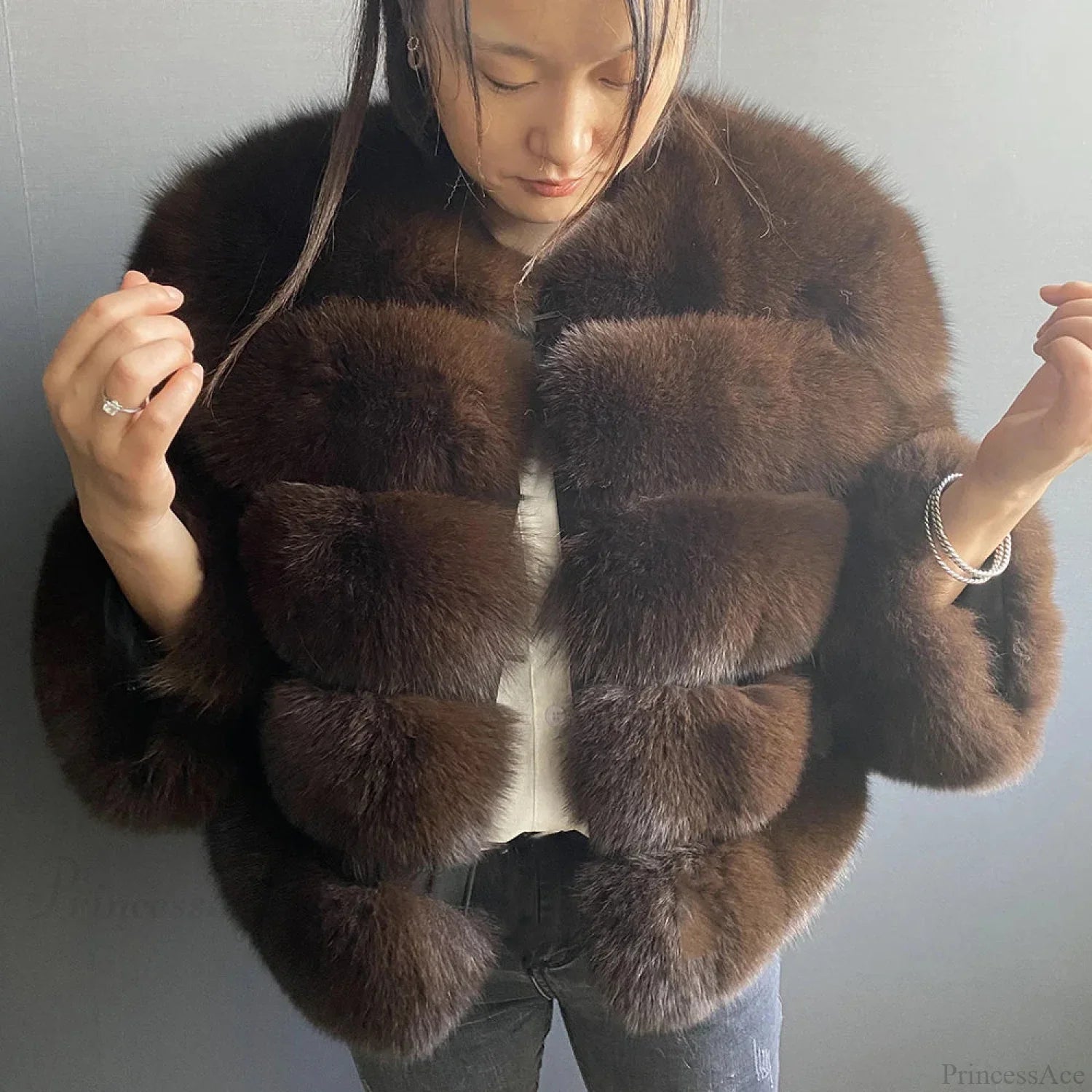 Fox Fur Winter Cold Weather Coat chocolate / S