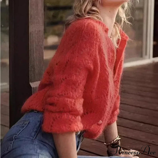 French Hollow Out Loose Red Mohair Cardigan