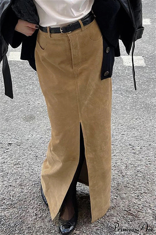 French Retro Suede High Waist Split Maxi Skirt