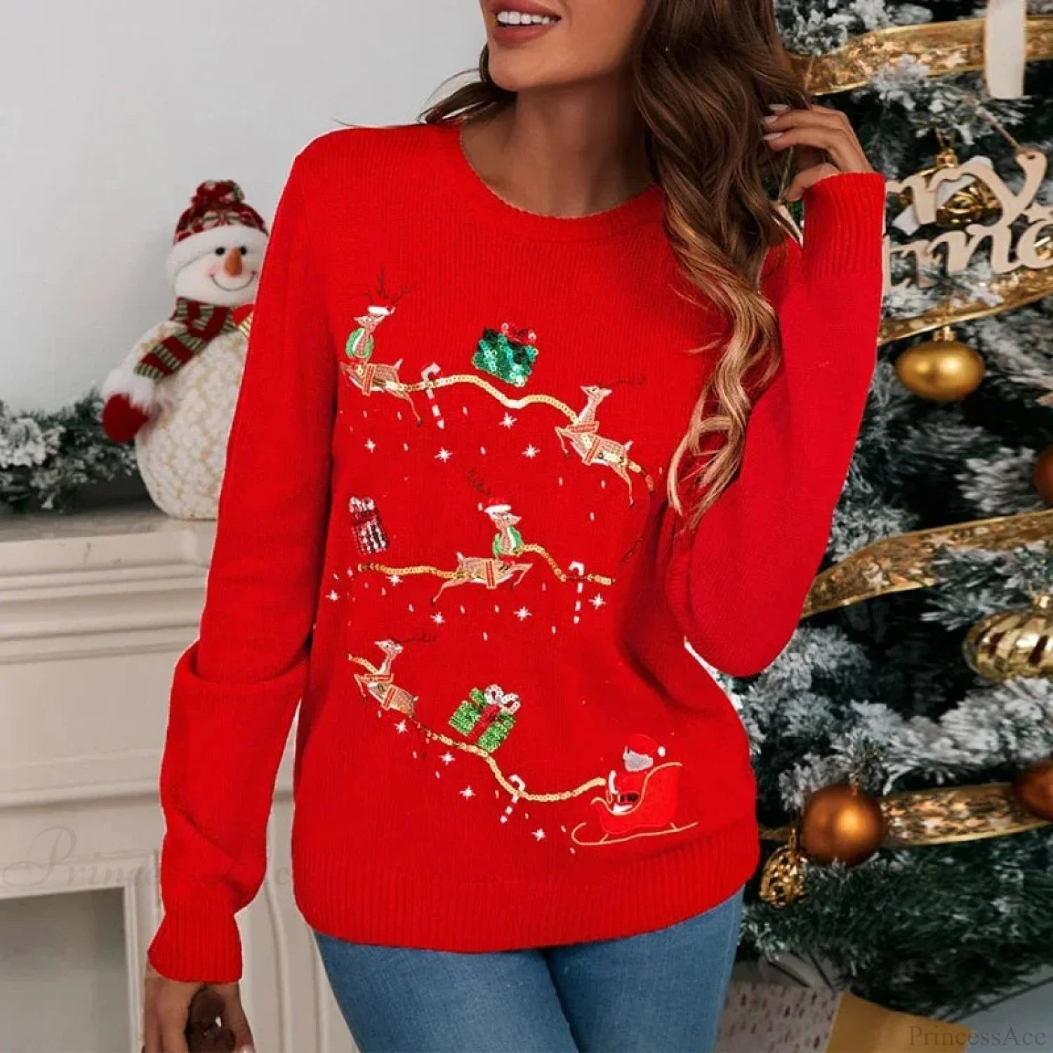 Funny Cartoon Elk Bear Sequins Christmas Sweater Red Carriage / S Sweaters-L