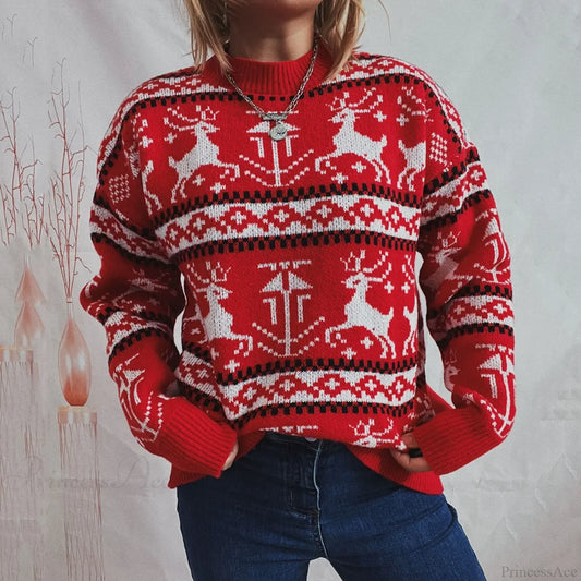 Funny Reindeer Printed Christmas Sweat Womens Sweater Sweaters-L