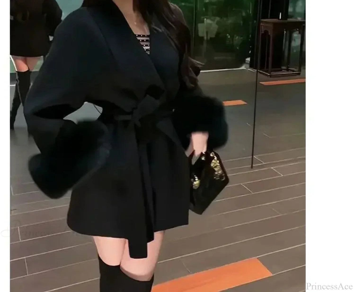 Furry Patchwork Long Sleeve Bandage Overcoat Black / S