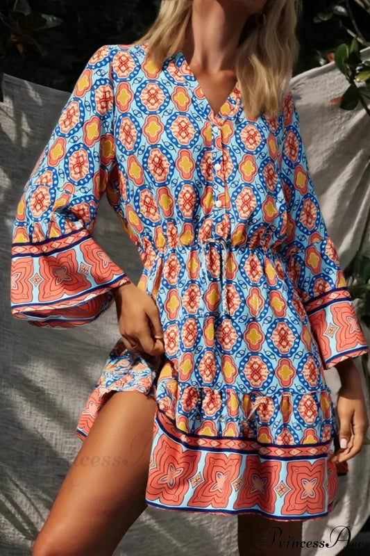 Geometry Print Boho Flare Sleeve Dress