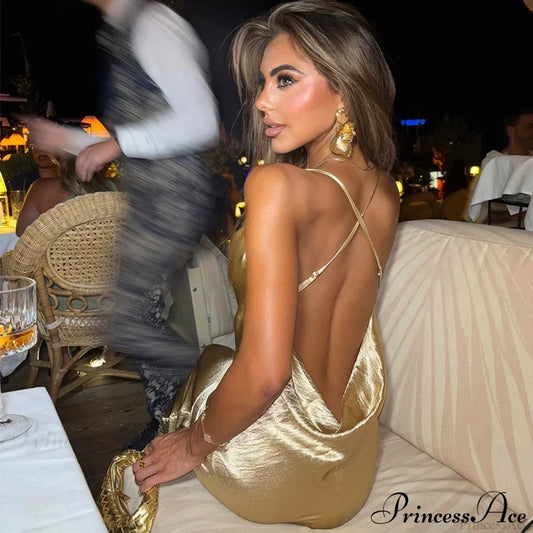 Gold Satin Spaghetti Strap Party Dress