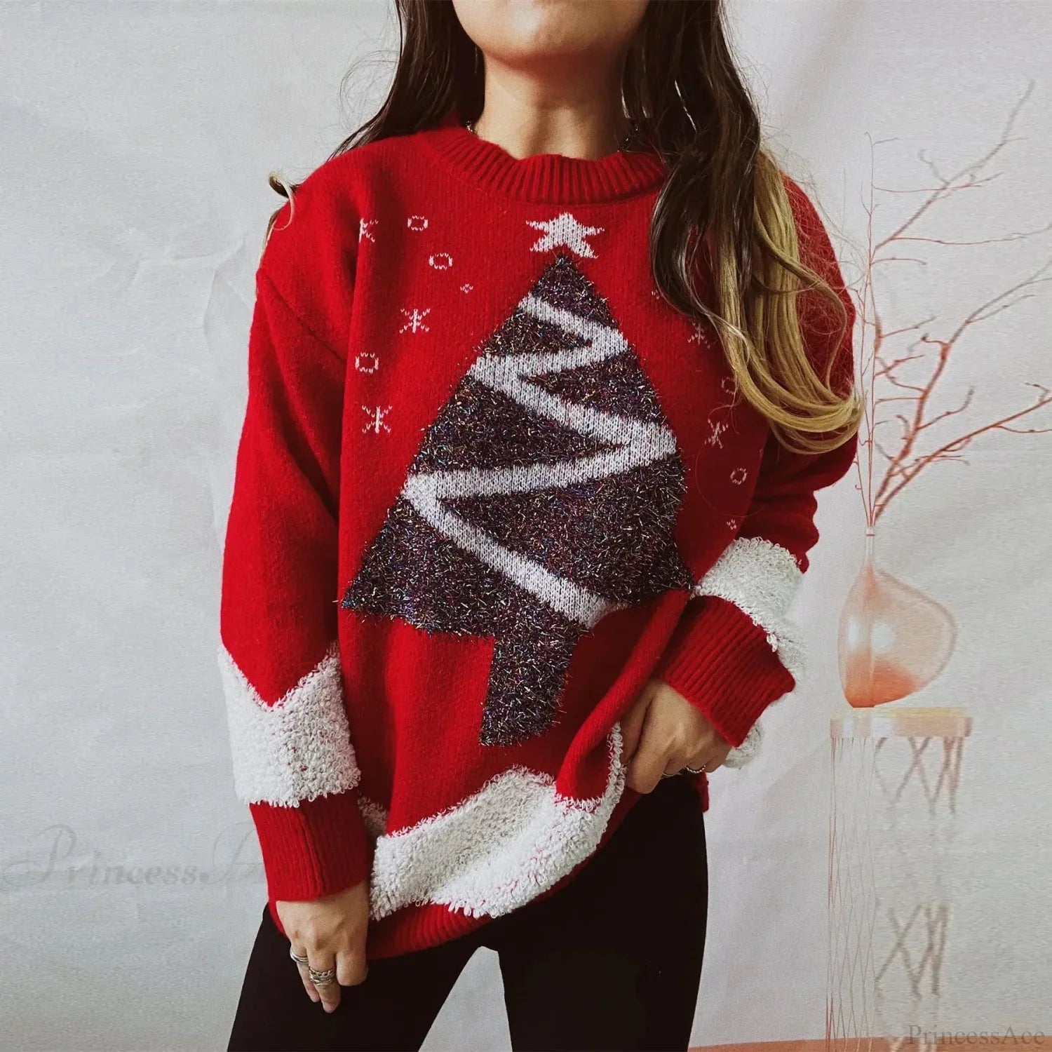 Gold Thread Flocked Round Neck Long Sleeved Loose Knit Pullover Christmas Sweater Red / S Sweaters-L