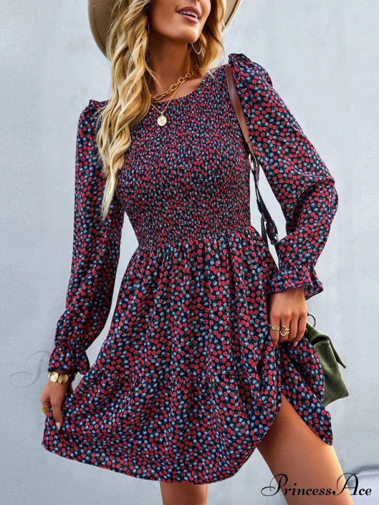 Gown Neck And For Spring A-Line Flowered Skirt Round Long-Sleeved - Summer Coats-L