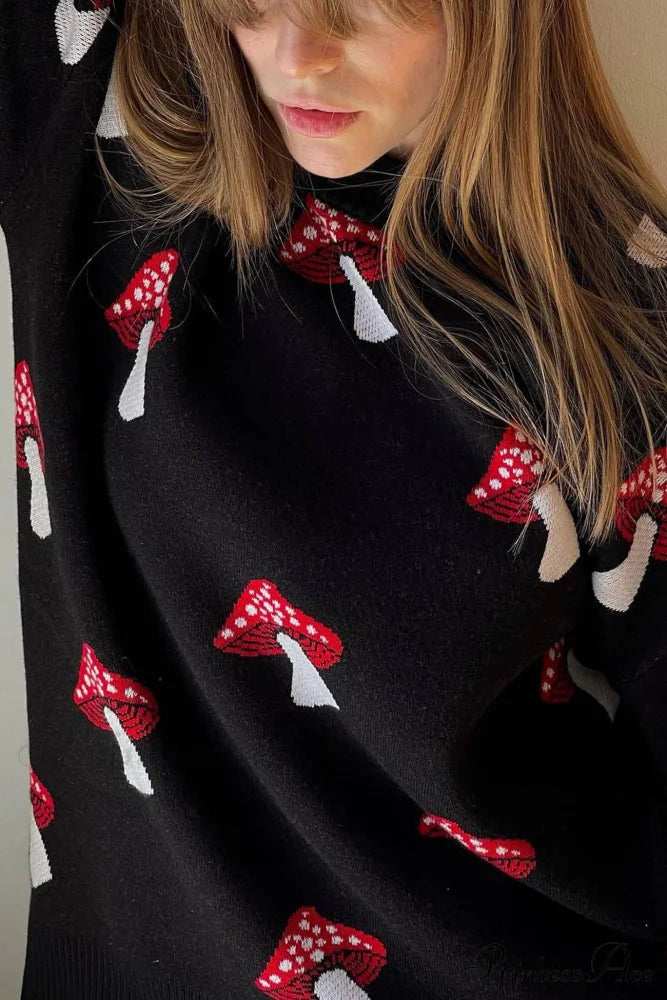Graphic Mushroom Pullover Sweater Sweaters-L