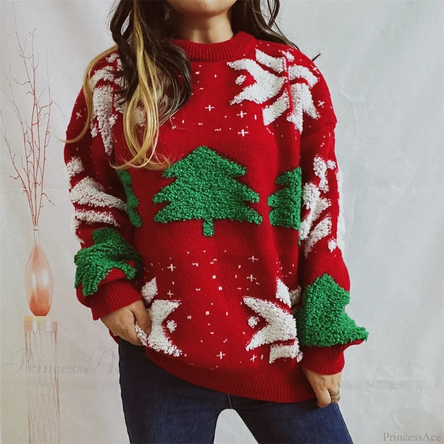 Green Fashion Tree Embroidery Knitted Pullover Casual Loose Retro Christmas Sweater Red / S