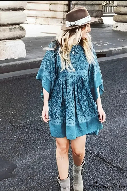 Green Floral Print Loose O-neck Batwing Sleeve Mini Boho Dress