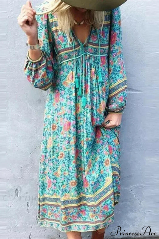 Green Floral Print Tassel Rayon Cotton Beach Maxi Boho Dress
