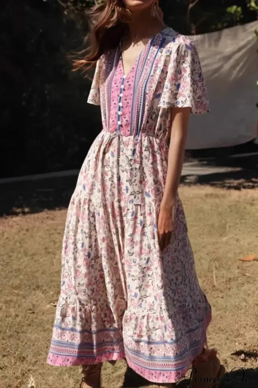 Green Floral Ruffles Sleeve Boho Dress