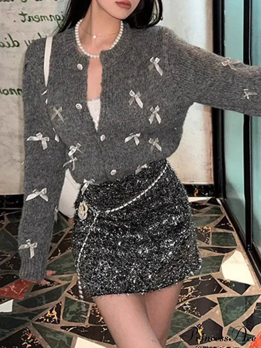 Grey Bow O-neck Cardigan