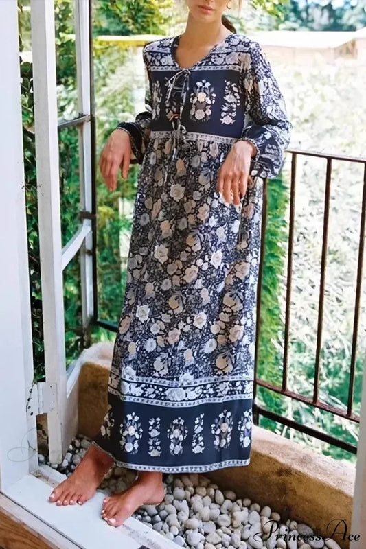 Grey Floral Print Lantern Sleeve Tassel Vintage Maxi Boho Dress