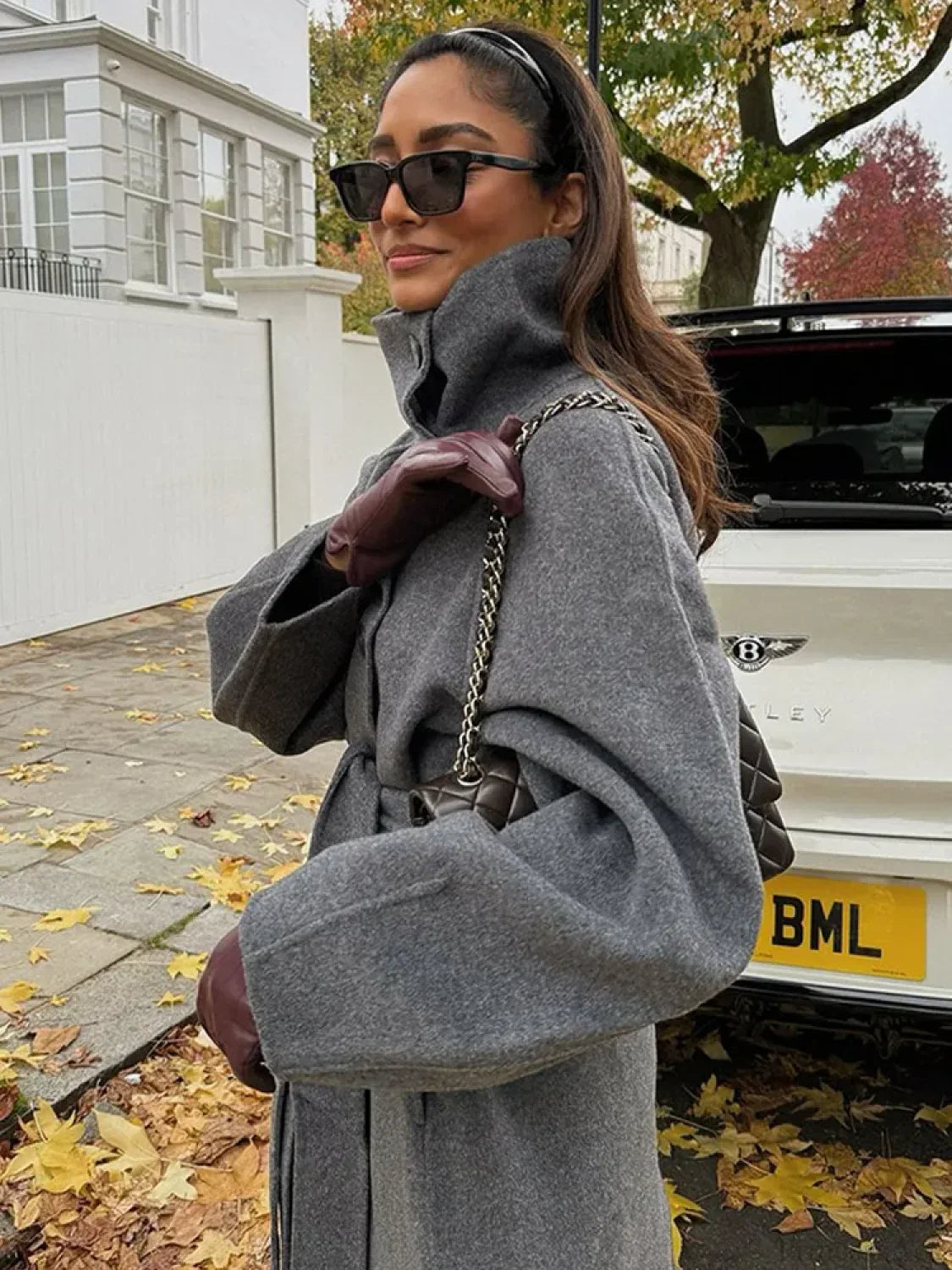 Grey High Collar Long Woolen Coat
