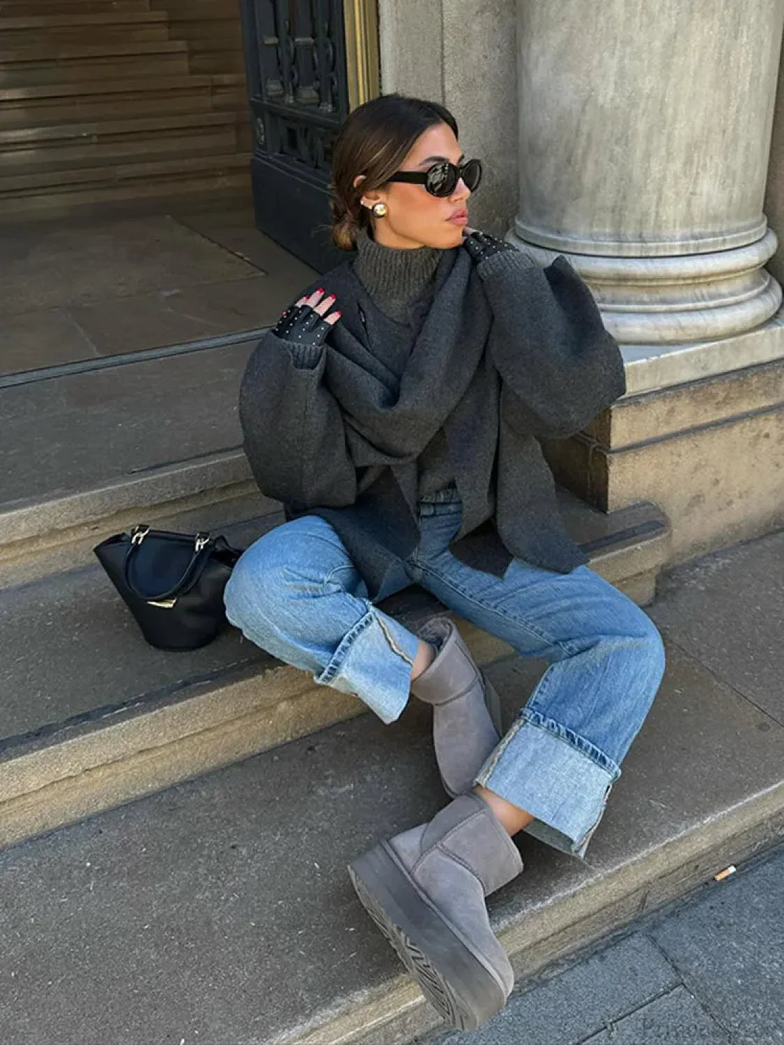 Grey Scarf Collar Woolen Coat