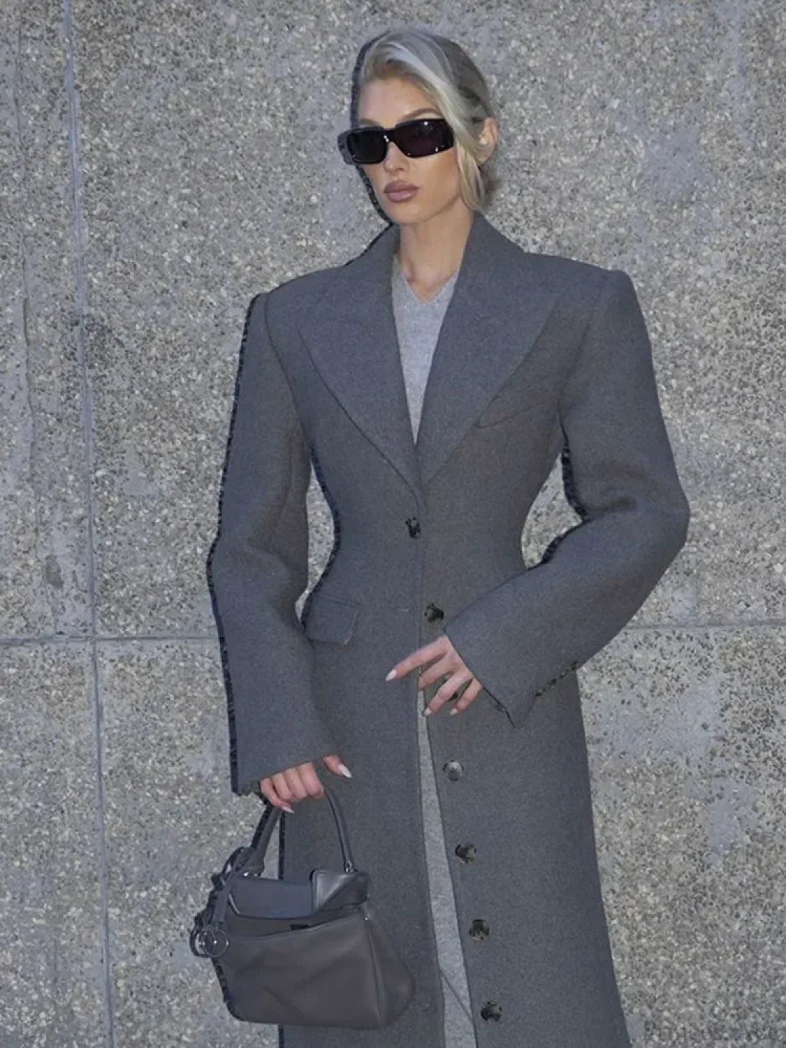 Grey Single Breasted Wool Coat