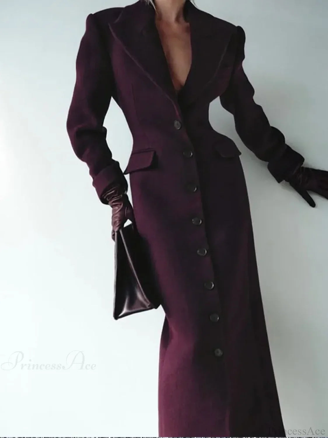 Grey Single Breasted Wool Coat burgundy long / S