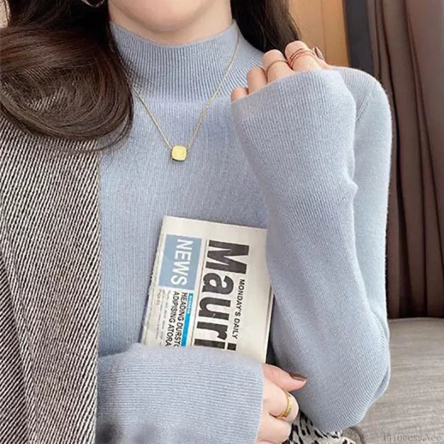 Half High Collar Crochet Y2k Sweater Blue / One Size