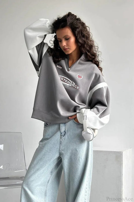 Half-Zip Stand Collar Letter Print Hoodie