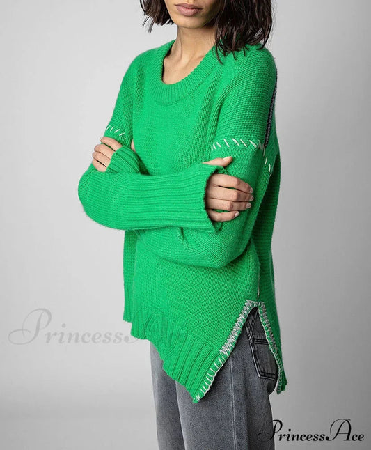 Hand-Woven Loose O-Neck Slit Hem Green Autumn Winter Christmas Sweater
