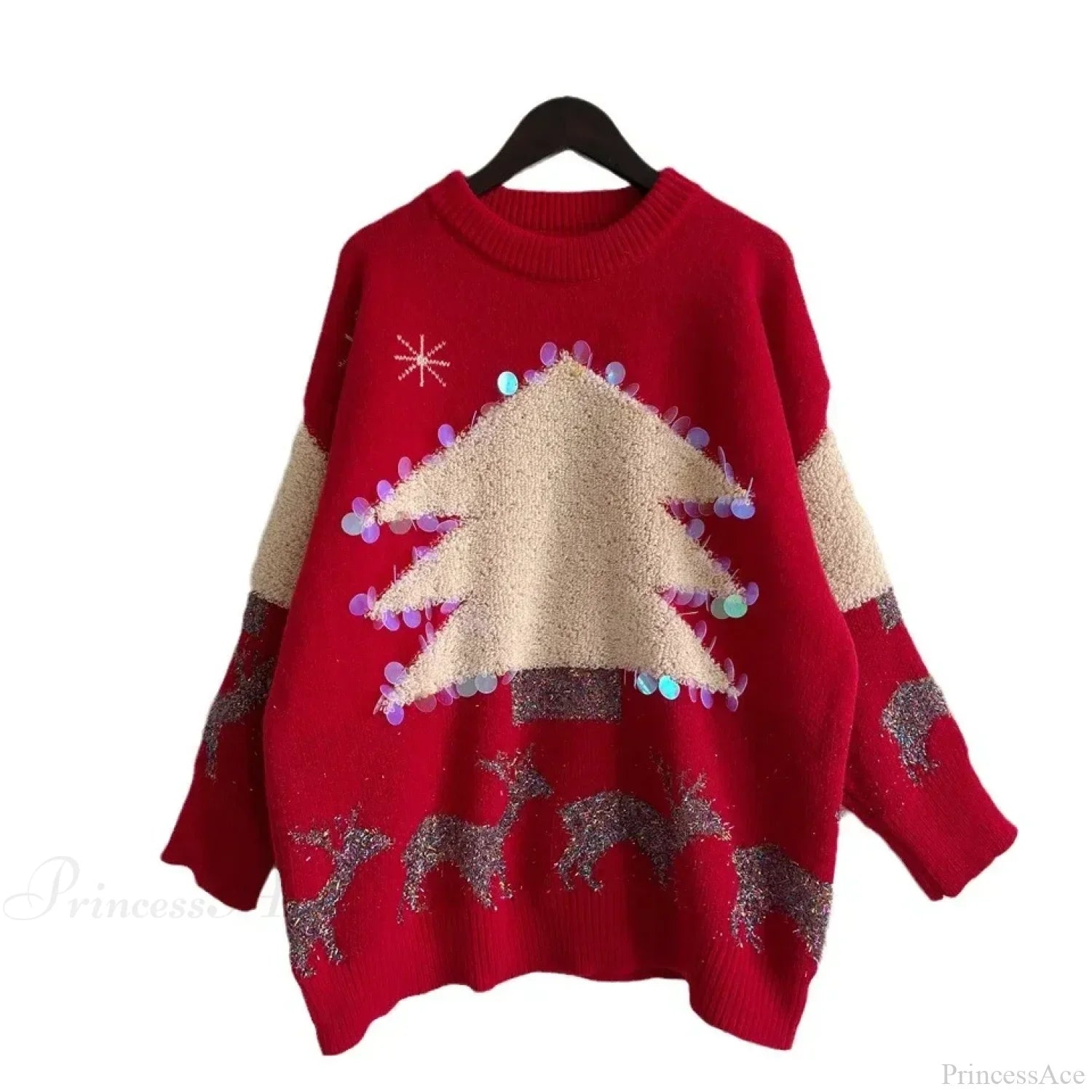 Handmade Sequins Christmas Tree Little Deer Jacquard Thickened Crew Neck Sweater Sweaters-L