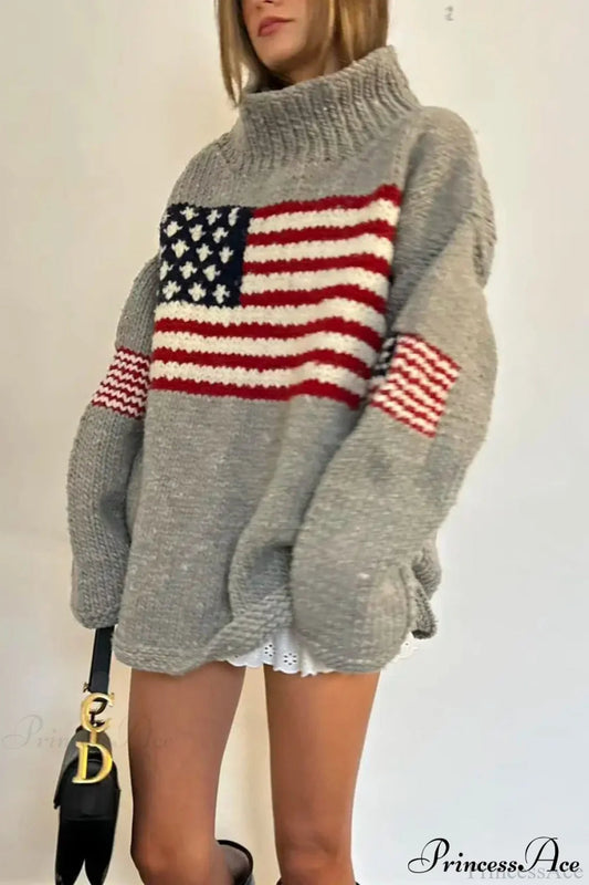 Harajuku Retro shop Flag High Neck Sweater