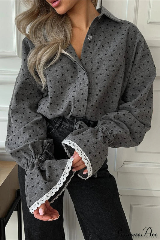 Heart-Print Single-Button Shirt Cardigan Bloshope