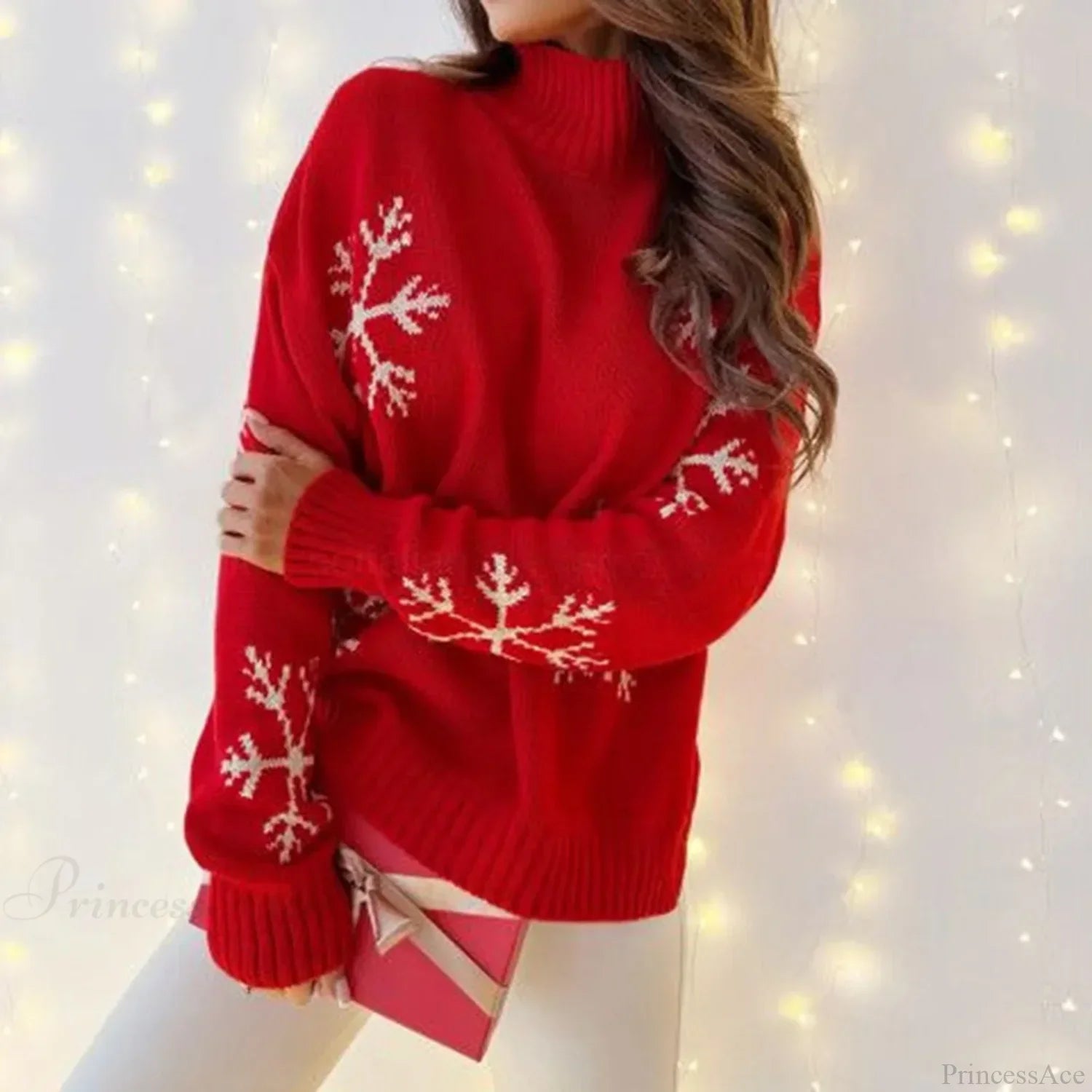 High Collar Snowflake Print Loose Fit Long Sleeve Knit Christmas Sweater Sweaters-L