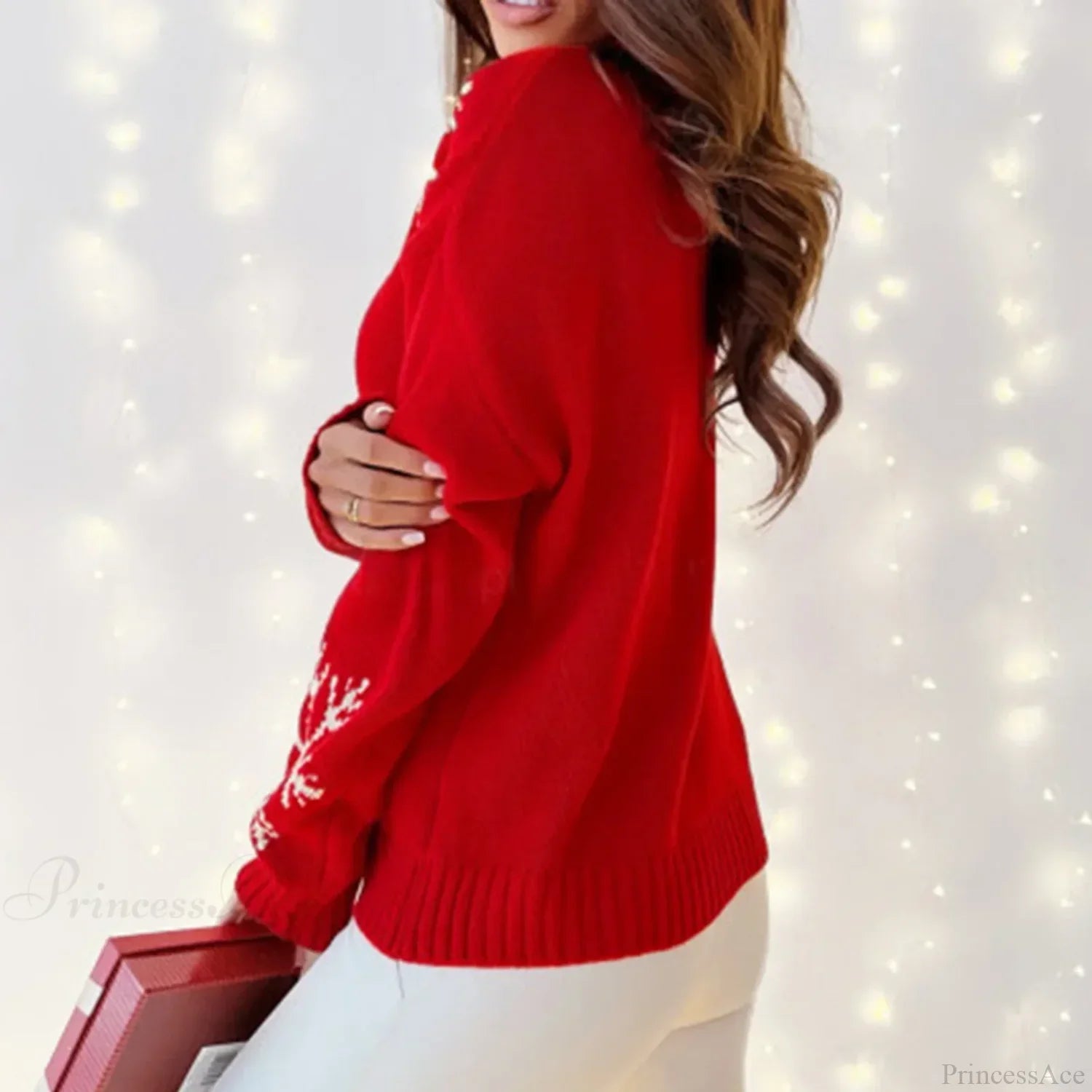 High Collar Snowflake Print Loose Fit Long Sleeve Knit Christmas Sweater Sweaters-L