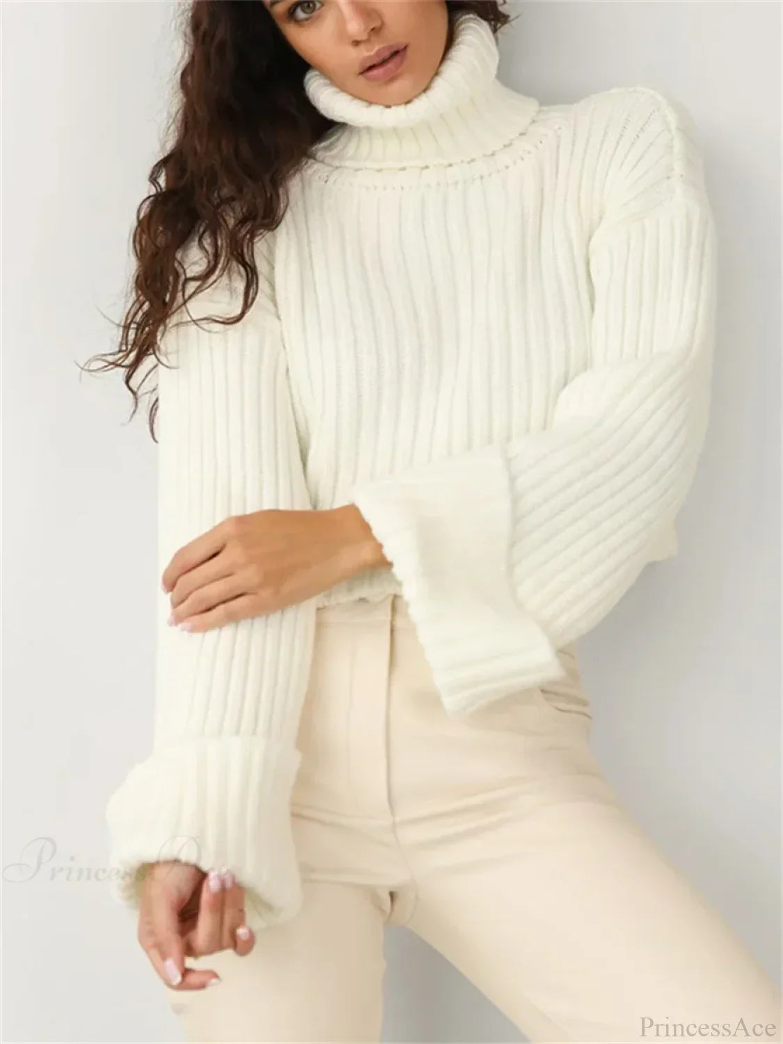 High Neck Ribbed Cropped Sweater Beige / S