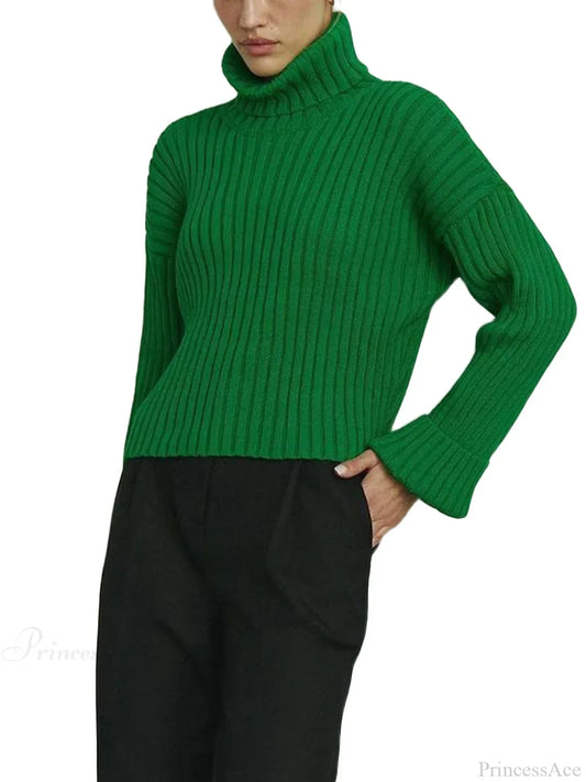 High Neck Ribbed Cropped Sweater Green / S
