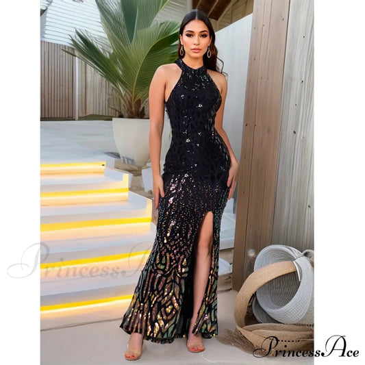 High Neck Sequin Front Slit Party Dress