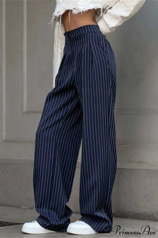 High Waist Straight Wide Leg Navy Stripe Pants