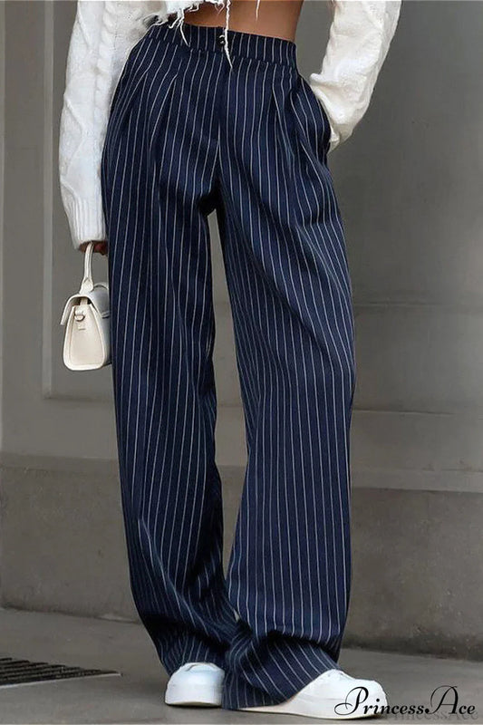 High Waist Straight Wide Leg Navy Stripe Pants
