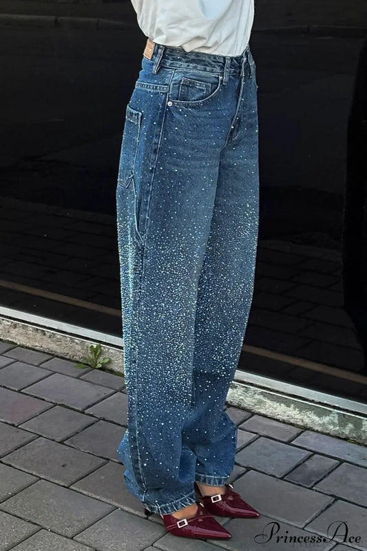 High Waisted Allover Rhinestone Straight Leg Jeans