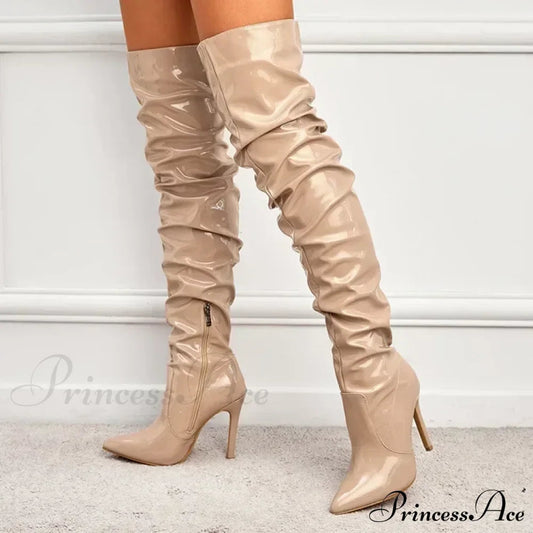Hot Sexy Modern Boots Autumn Winter Patent Leather Elastic Over-the-Knee Slim Pointed Toe Zip Thigh High Heel